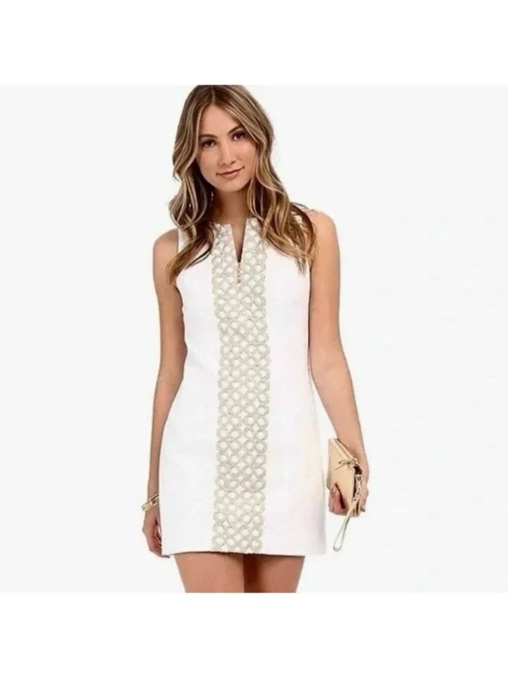 Lilly Pulitzer Mila Shift Dress Resort White Gold Lace Zip Front Mini Size 4